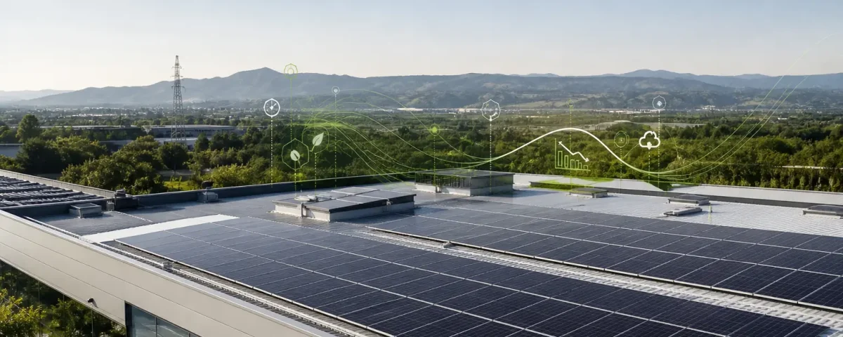Cubierta industrial con paneles solares para reducir emisiones de alcance 2 en una empresa