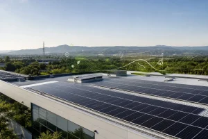 Cubierta industrial con paneles solares para reducir emisiones de alcance 2 en una empresa