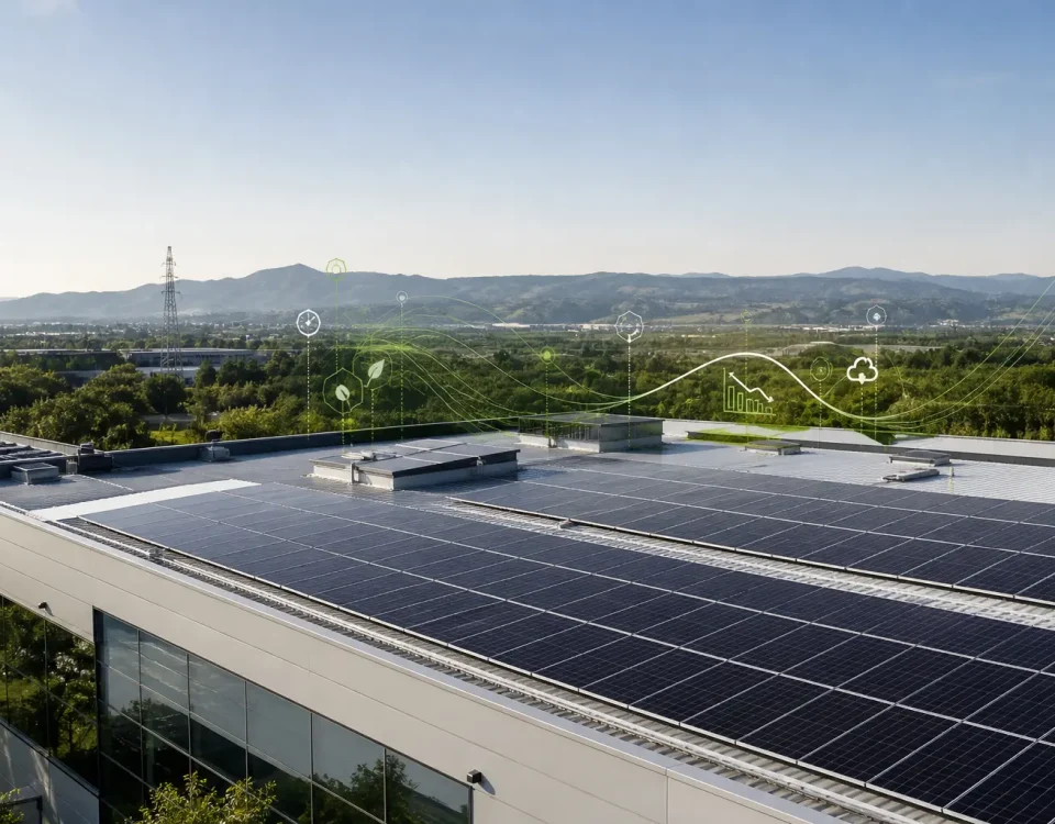 Cubierta industrial con paneles solares para reducir emisiones de alcance 2 en una empresa