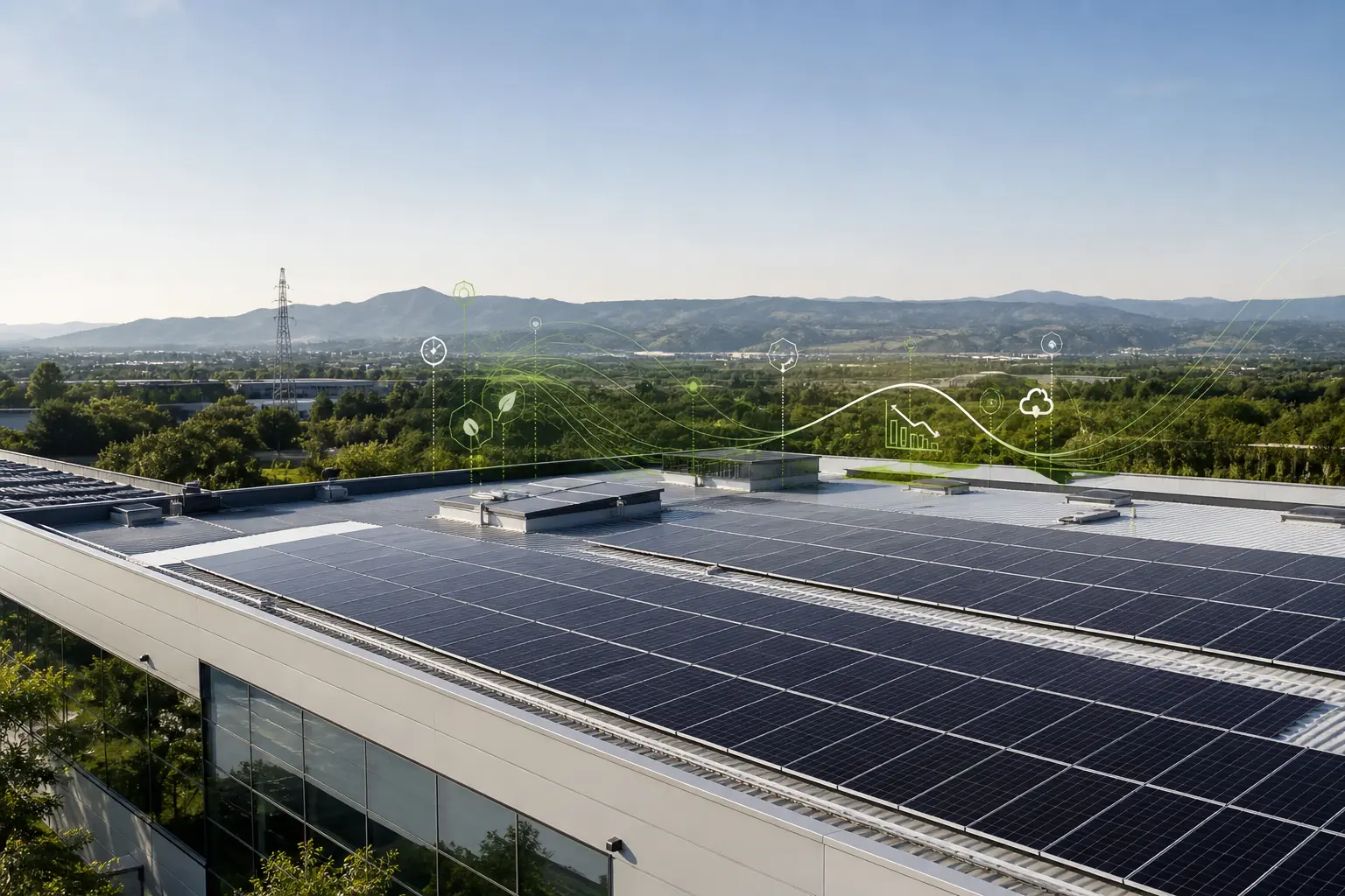 Cubierta industrial con paneles solares para reducir emisiones de alcance 2 en una empresa