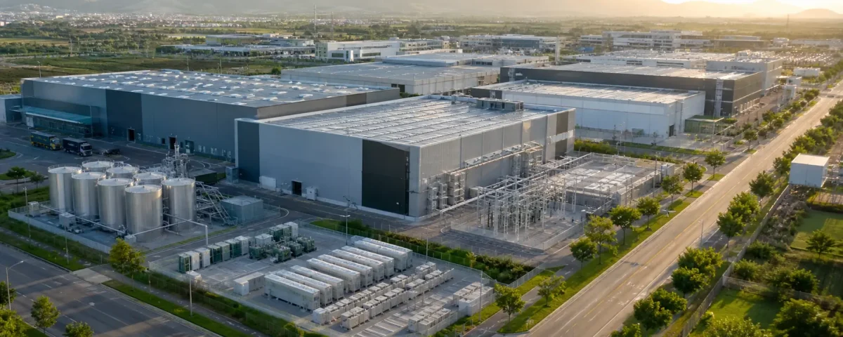 Vista aérea de un entorno industrial modernizado con infraestructura energética eficiente y enfoque en descarbonización