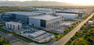 Vista aérea de un entorno industrial modernizado con infraestructura energética eficiente y enfoque en descarbonización