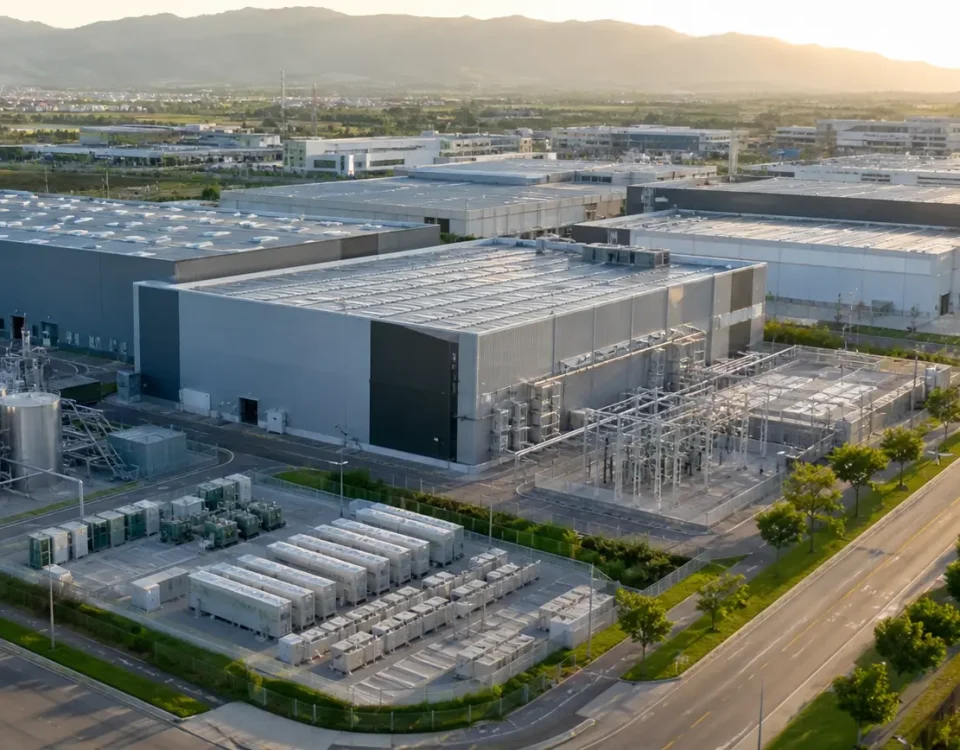 Vista aérea de un entorno industrial modernizado con infraestructura energética eficiente y enfoque en descarbonización