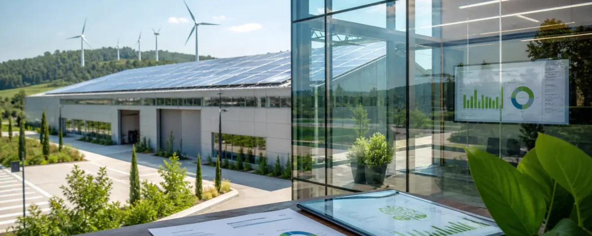 Nave industrial con paneles solares en cubierta y enfoque en sostenibilidad empresarial