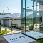Nave industrial con paneles solares en cubierta y enfoque en sostenibilidad empresarial