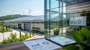 Nave industrial con paneles solares en cubierta y enfoque en sostenibilidad empresarial