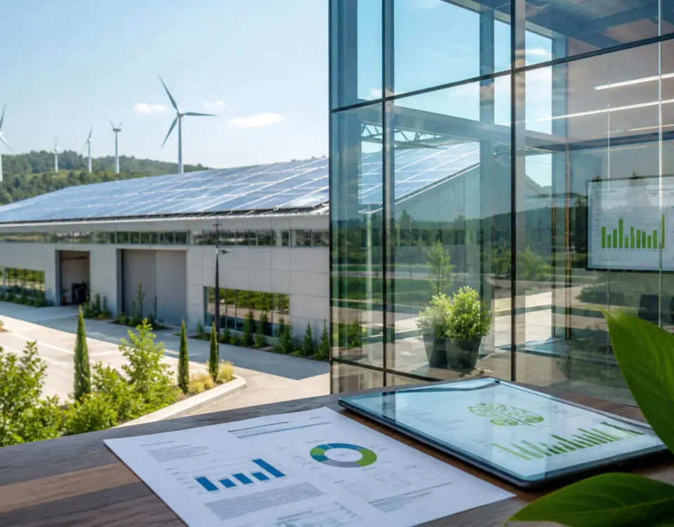 Nave industrial con paneles solares en cubierta y enfoque en sostenibilidad empresarial