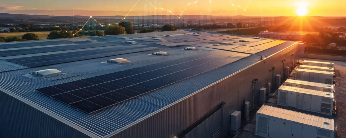 Cubierta solar industrial en España con enfoque en mercado eléctrico y almacenamiento energético