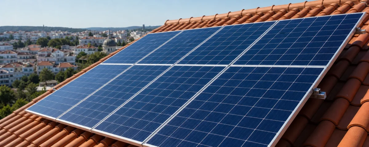 Placas solares instaladas en un tejado residencial con cielo despejado y sol, representando autoconsumo fotovoltaico y ahorro energético.