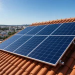 Placas solares instaladas en un tejado residencial con cielo despejado y sol, representando autoconsumo fotovoltaico y ahorro energético.