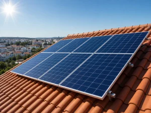 Placas solares instaladas en un tejado residencial con cielo despejado y sol, representando autoconsumo fotovoltaico y ahorro energético.