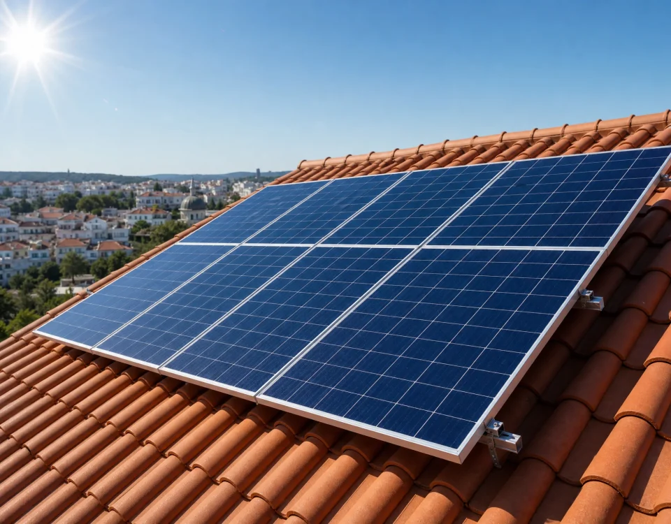 Placas solares instaladas en un tejado residencial con cielo despejado y sol, representando autoconsumo fotovoltaico y ahorro energético.