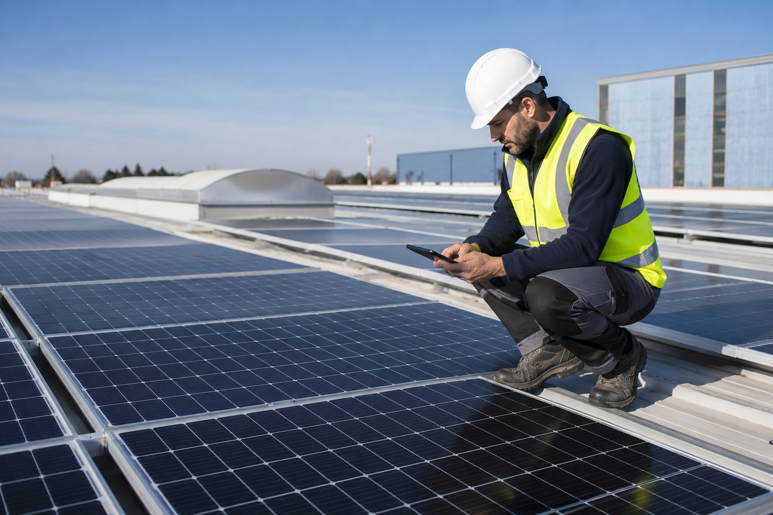 Técnico revisando una instalación fotovoltaica en la cubierta de una empresa