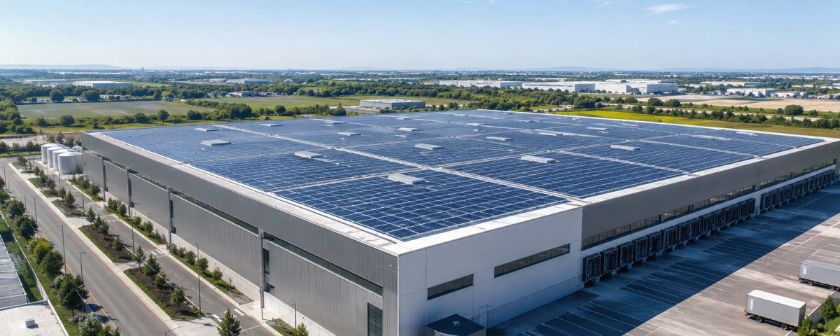Placas solares en la cubierta de una nave industrial para autoconsumo empresarial