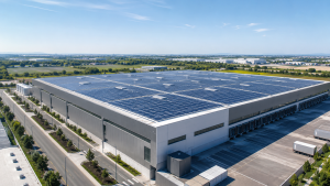Placas solares en la cubierta de una nave industrial para autoconsumo empresarial