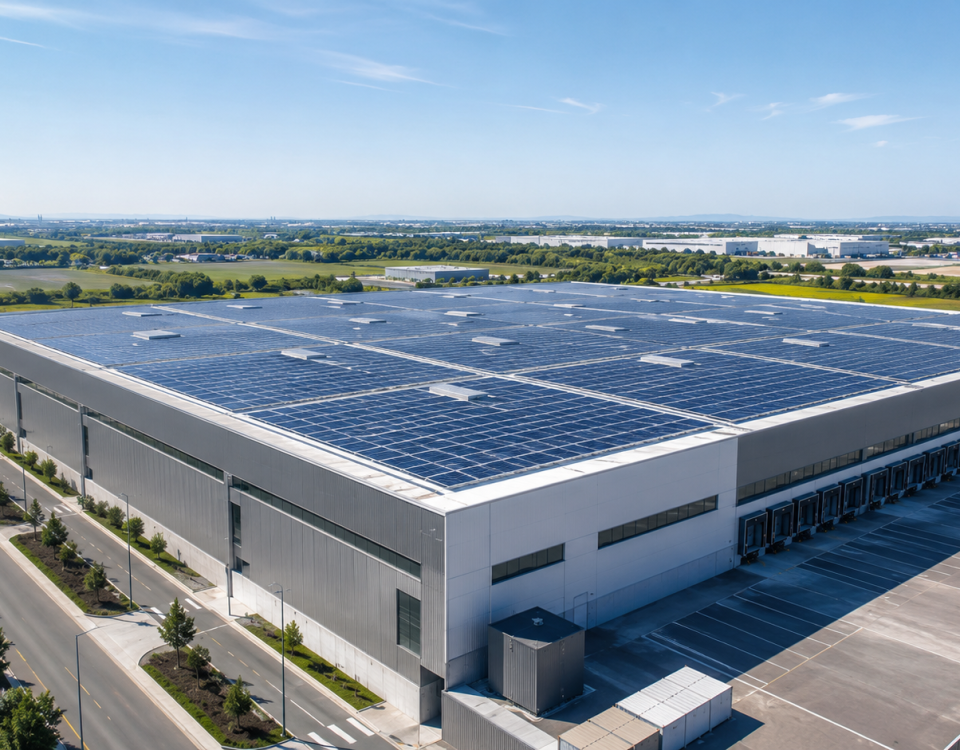 Placas solares en la cubierta de una nave industrial para autoconsumo empresarial