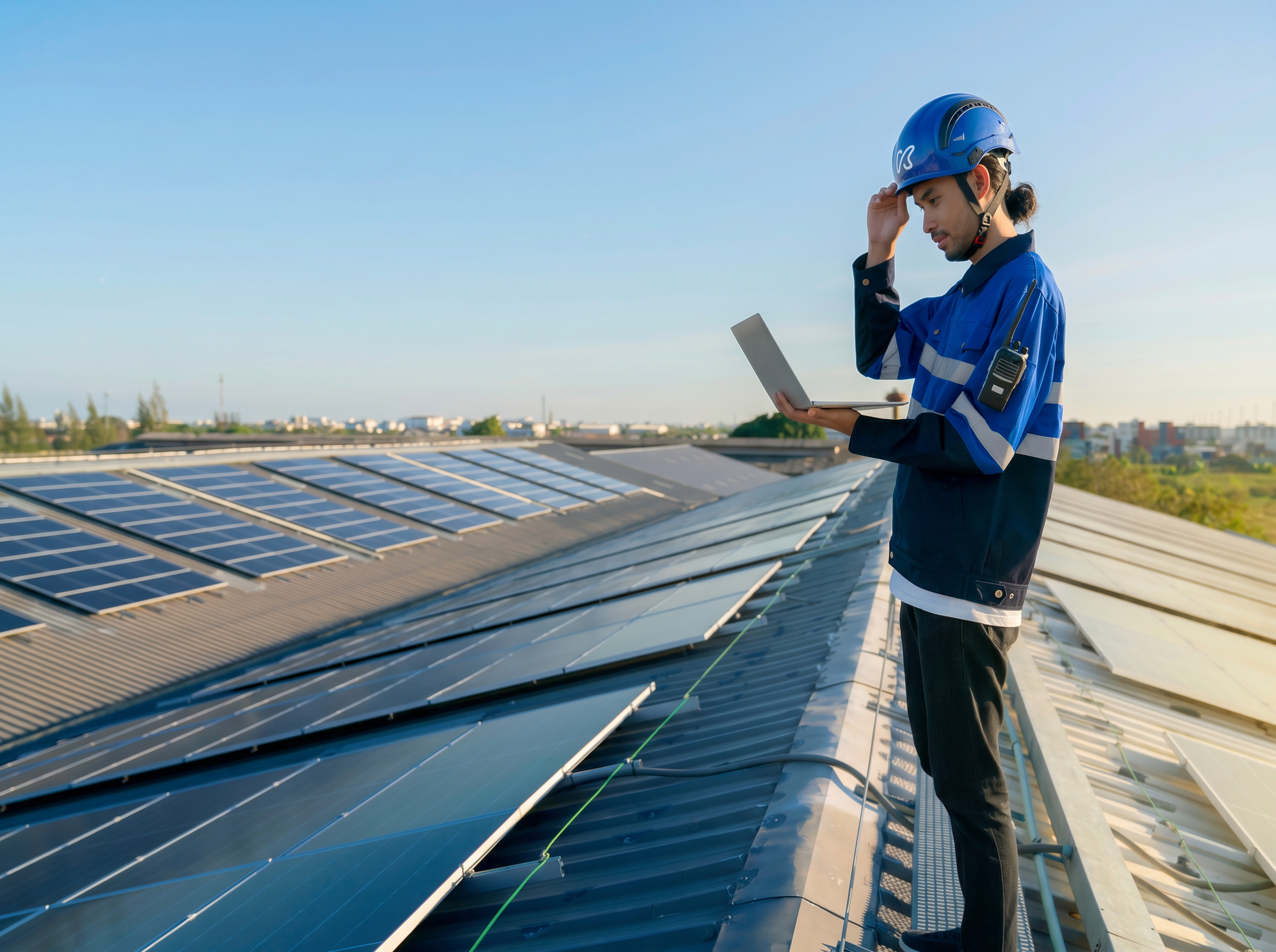 Técnico revisando una instalación fotovoltaica industrial en cubierta con un ordenador portátil