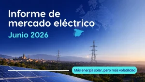 Imagen destacada del informe de mercado eléctrico de junio de 2026 con datos clave sobre precio OMIE, generación solar y punta nocturna