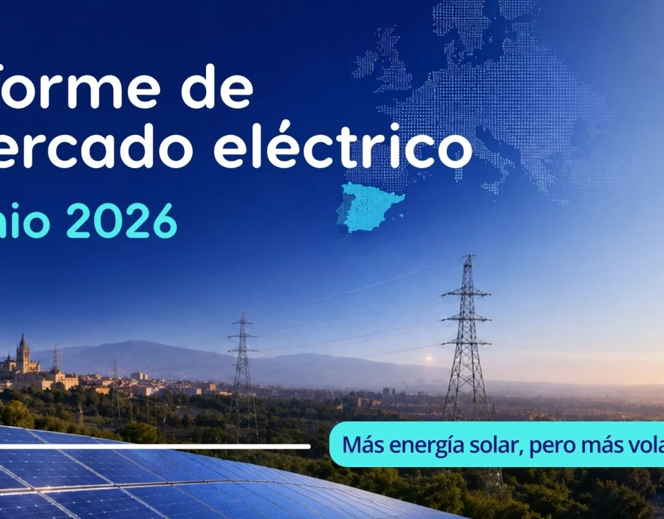 Imagen destacada del informe de mercado eléctrico de junio de 2026 con datos clave sobre precio OMIE, generación solar y punta nocturna