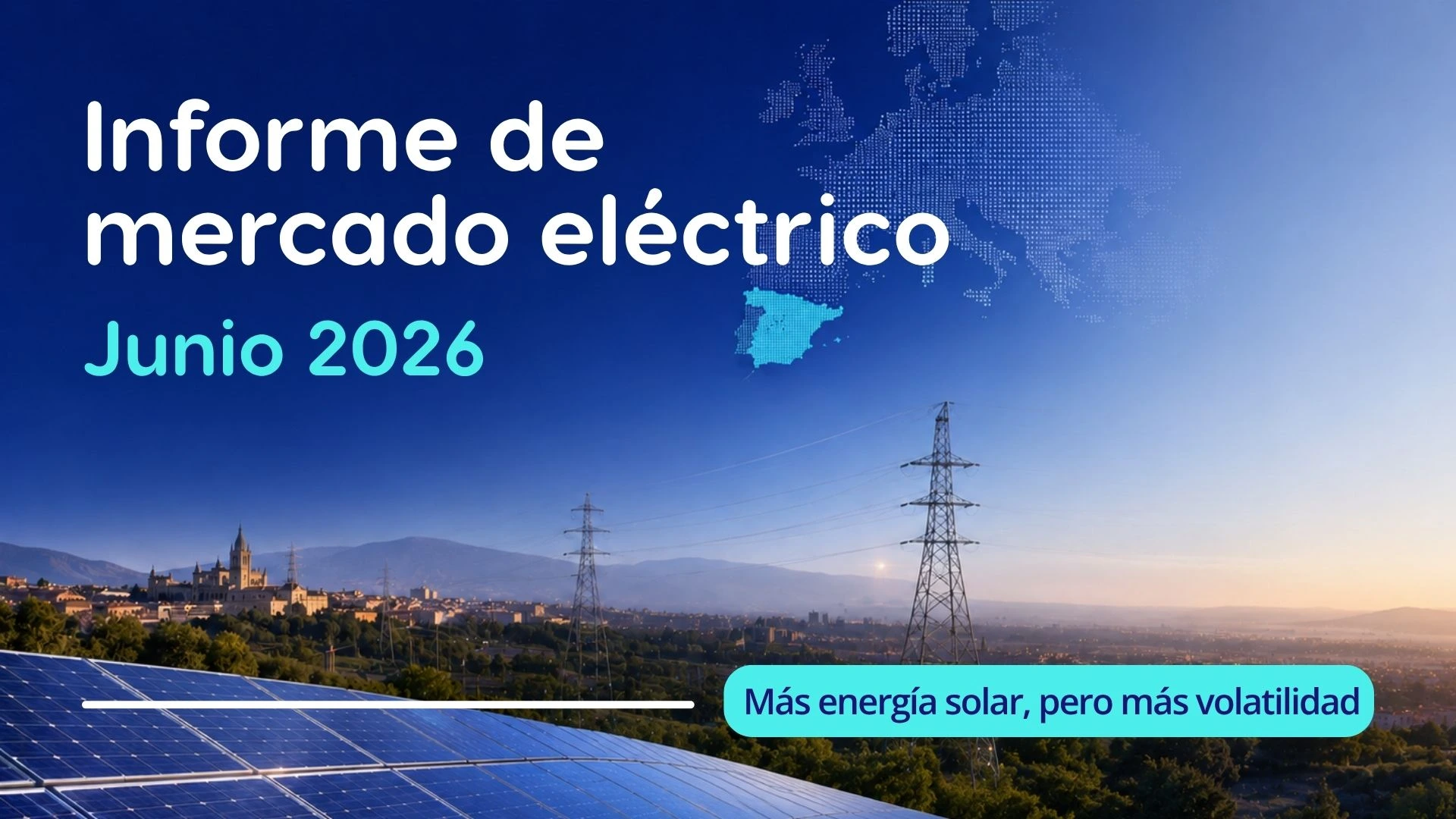 Imagen destacada del informe de mercado eléctrico de junio de 2026 con datos clave sobre precio OMIE, generación solar y punta nocturna
