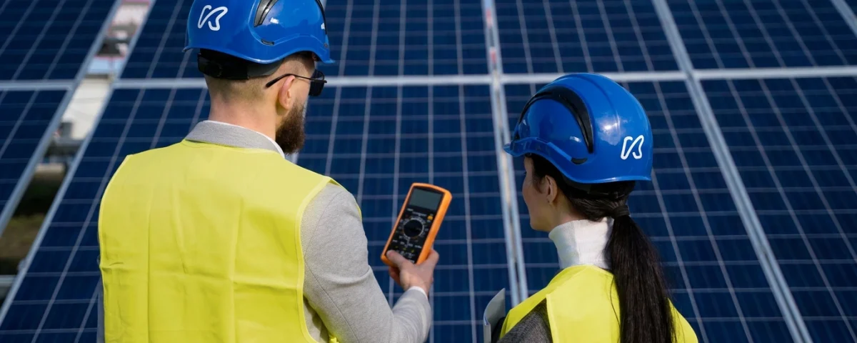 Técnicos comparando paneles solares para una instalación fotovoltaica en empresa