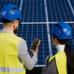 Técnicos comparando paneles solares para una instalación fotovoltaica en empresa