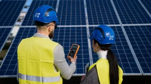 Técnicos comparando paneles solares para una instalación fotovoltaica en empresa