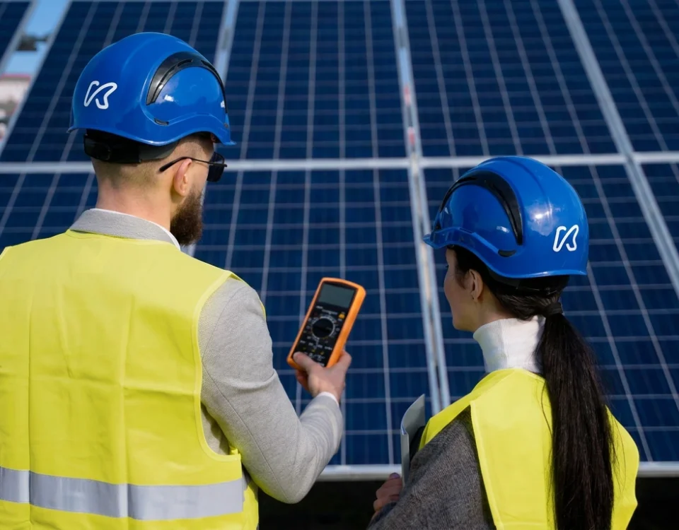 Técnicos comparando paneles solares para una instalación fotovoltaica en empresa