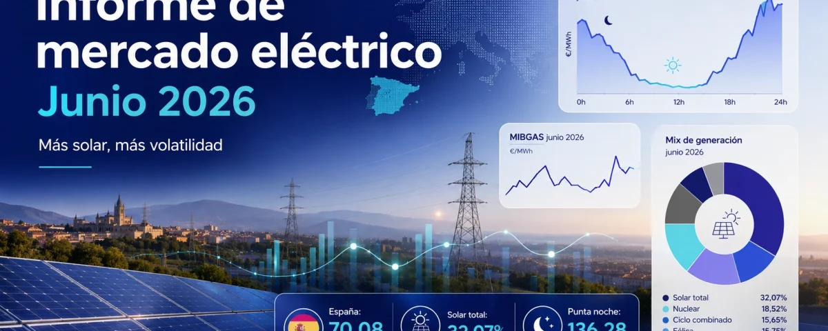 Imagen destacada del informe de mercado eléctrico de junio de 2026 con datos clave sobre precio OMIE, generación solar y punta nocturna