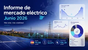 Imagen destacada del informe de mercado eléctrico de junio de 2026 con datos clave sobre precio OMIE, generación solar y punta nocturna
