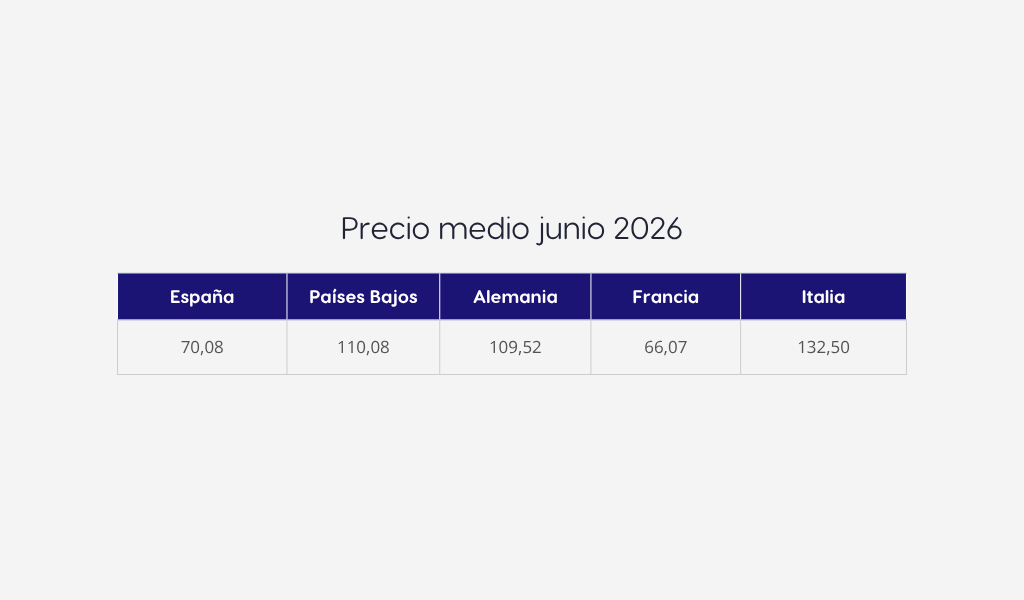 Precio medio de la electricidad en España, Países Bajos, Alemania, Francia e Italia en junio de 2026